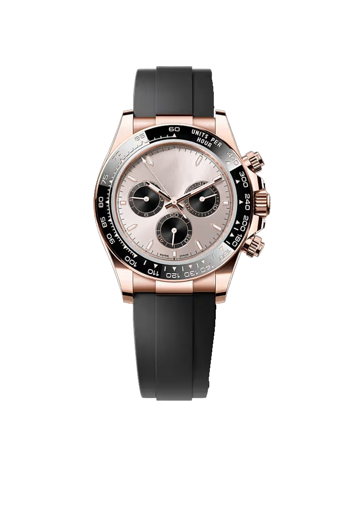 Rose Gold Chronograph Watch with Black Rubber Strap