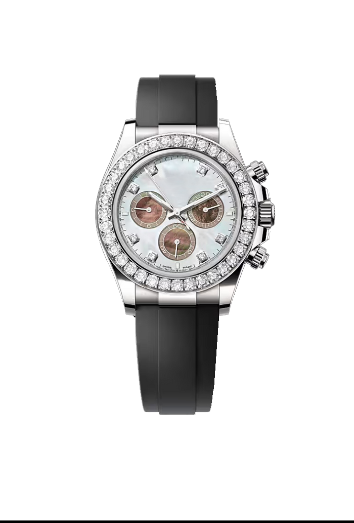 Silver Chronograph Watch with Crystal Bezel and Black Rubber Strap