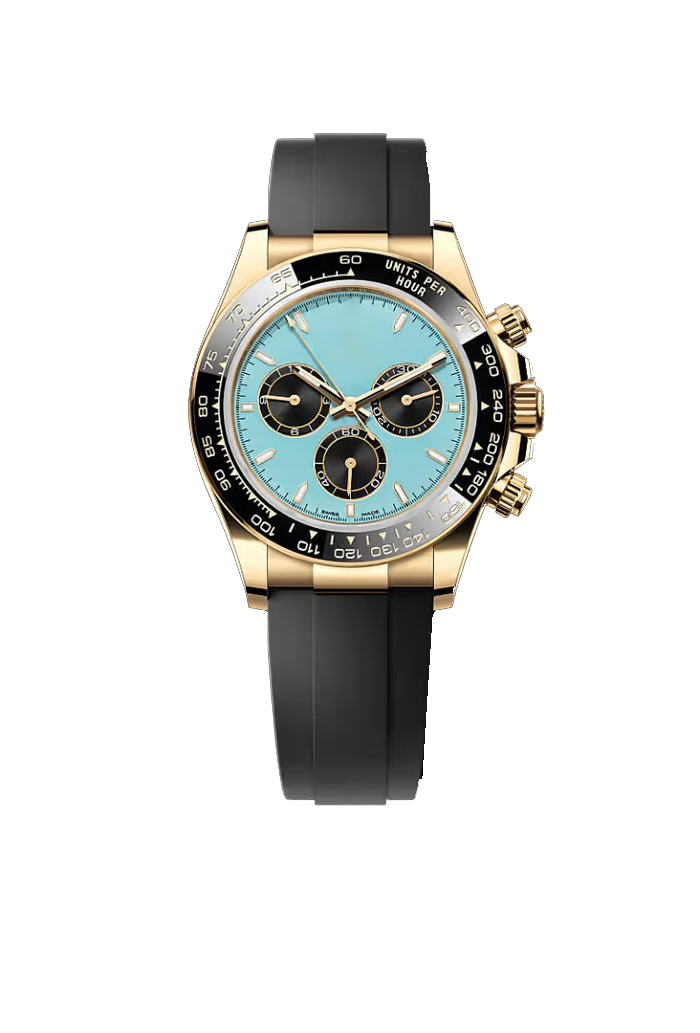 Gold Chronograph Watch with Ice Blue Dial and Black Rubber Strap