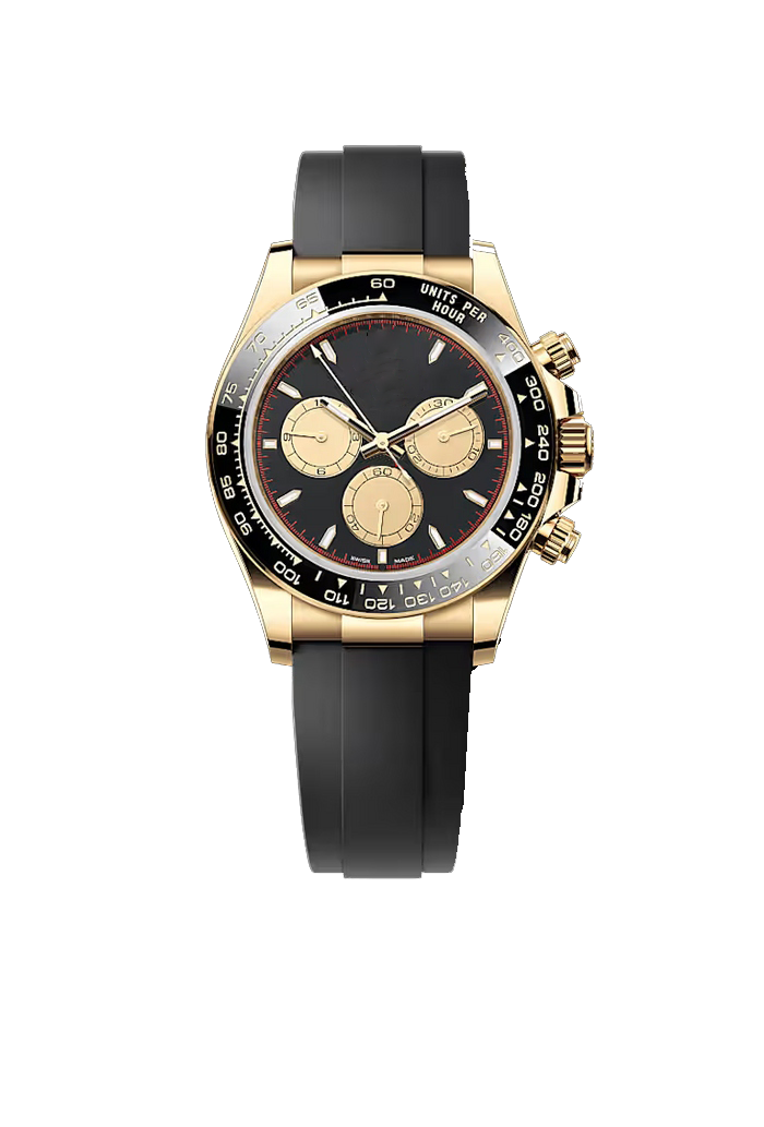 Gold Chronograph Watch with Black Dial and Black Rubber Strap