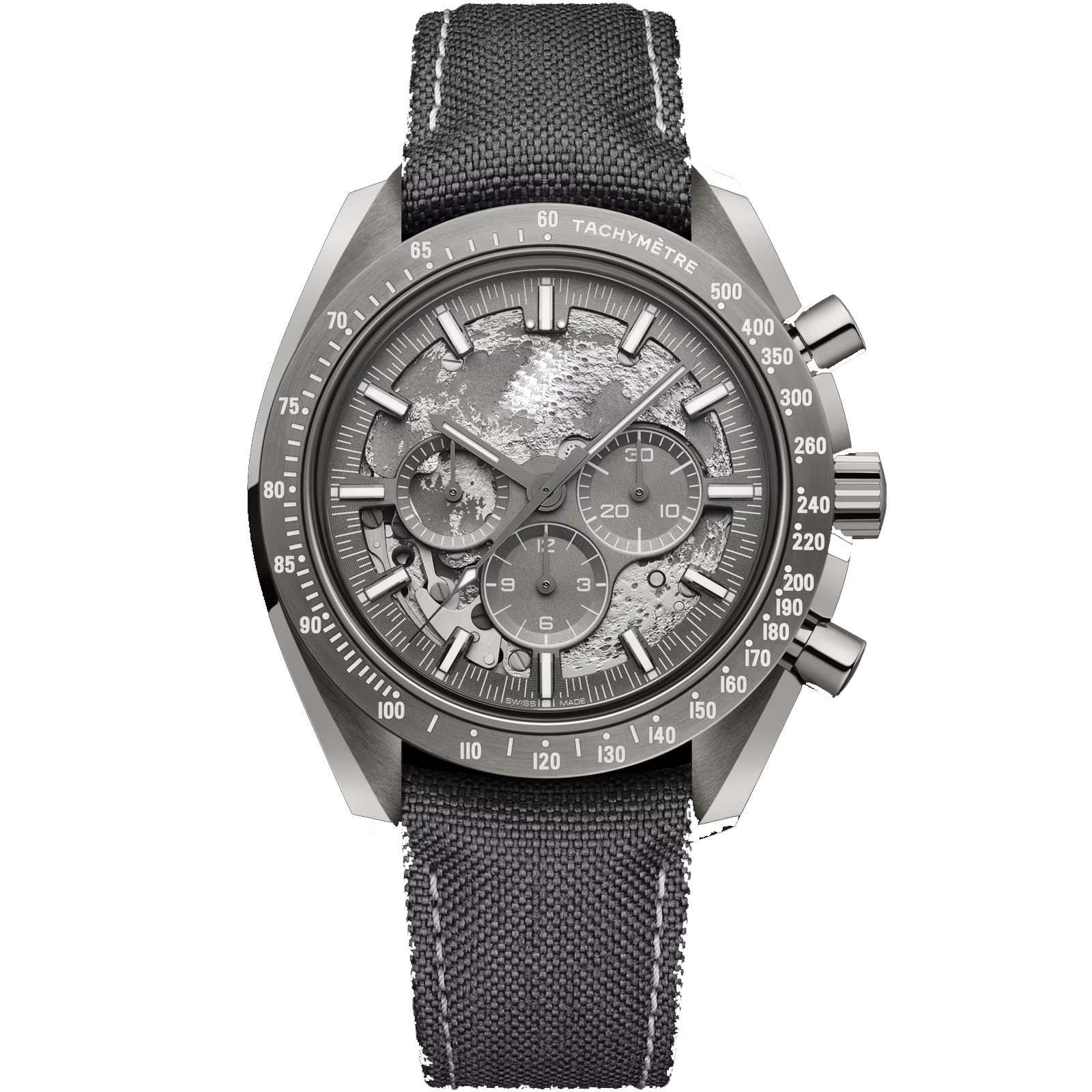Silver Skeleton Chronograph Watch with Black Fabric Strap