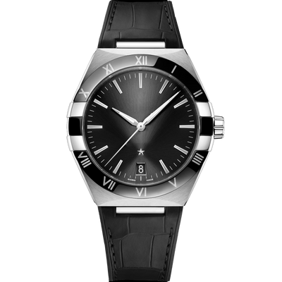 Black Dial Stainless Steel Watch with Leather Strap