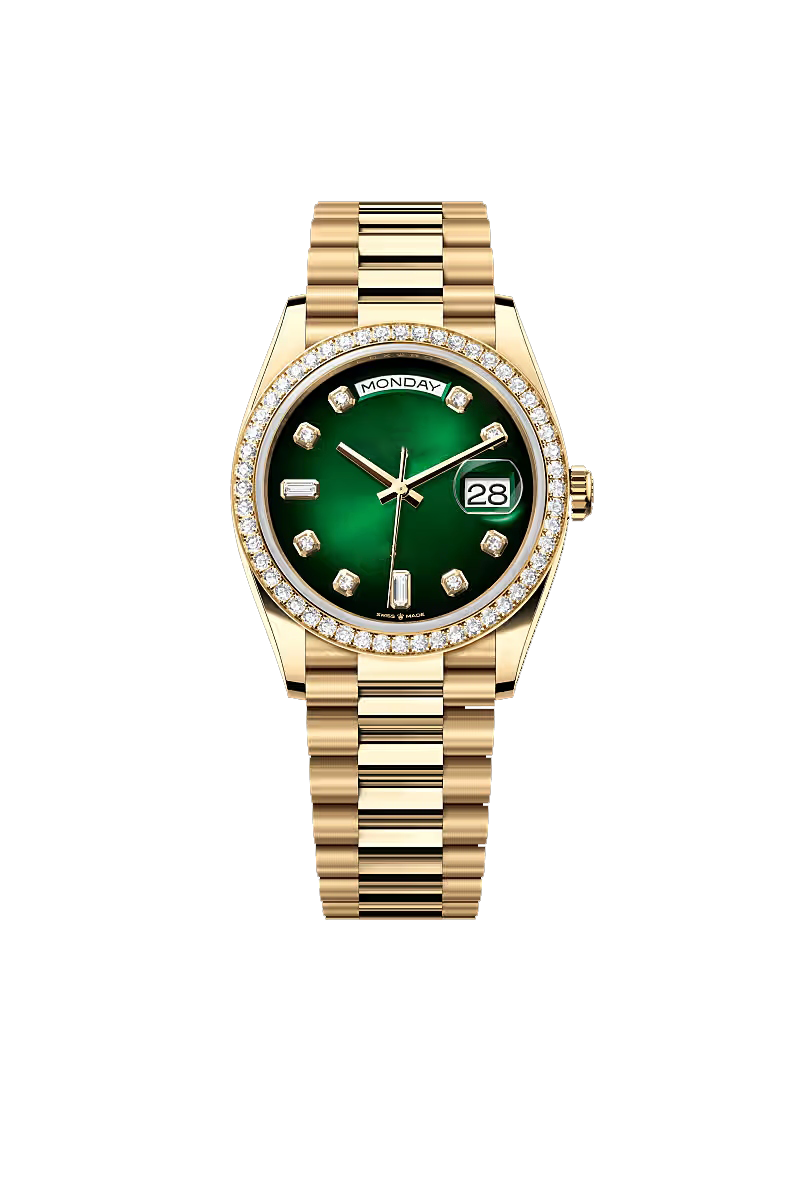 36 Gold Watch with Green Dial & Diamond Bezel