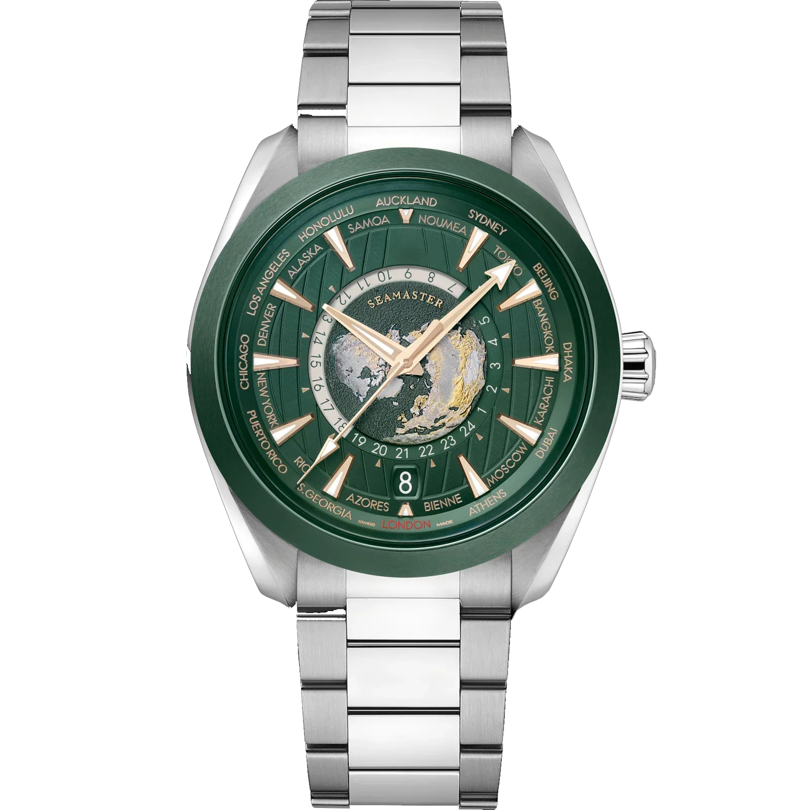 Green World Map Dial Stainless Steel Watch with Silver Bracelet