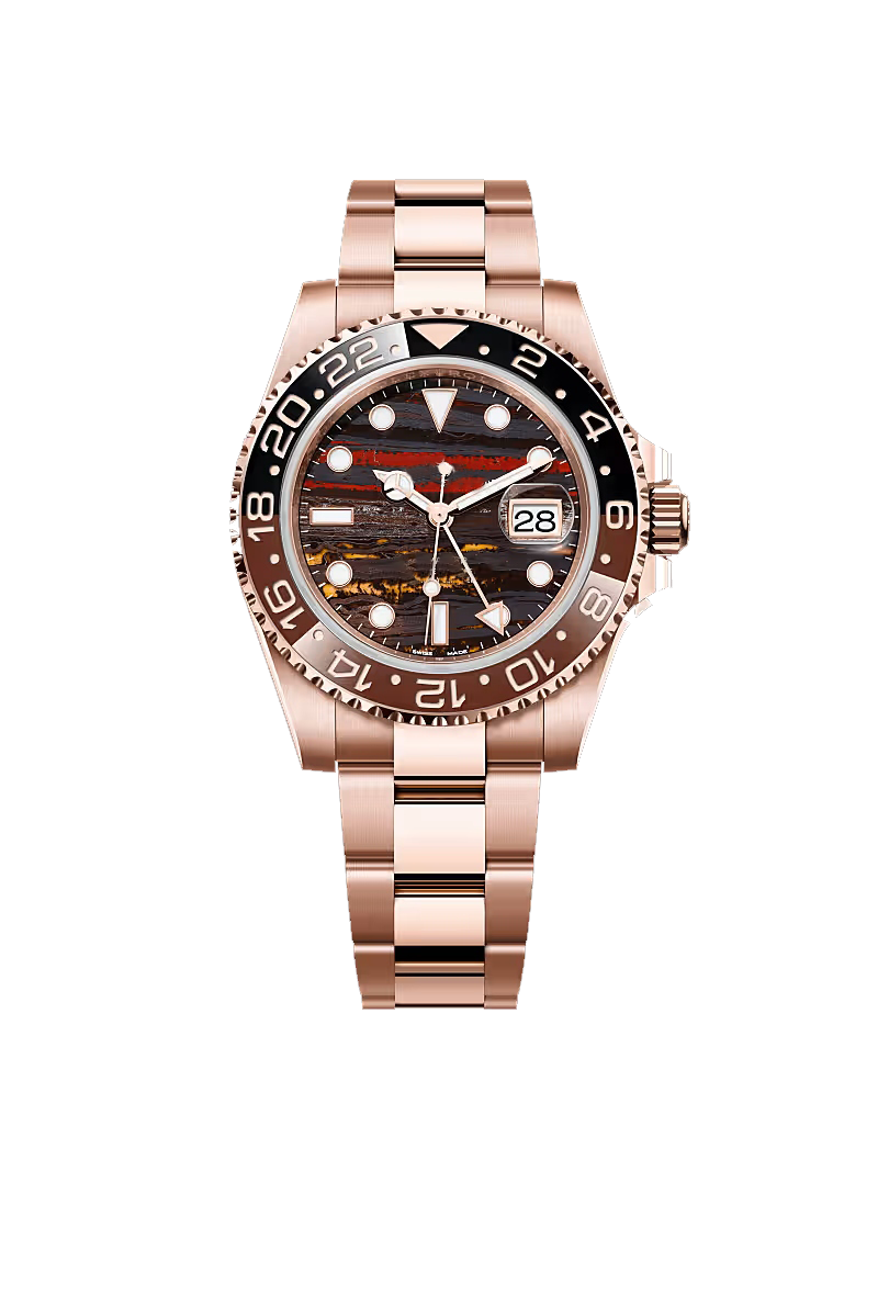 Rose Gold Black Dial Dual-Time Style Watch with Brown Bezel
