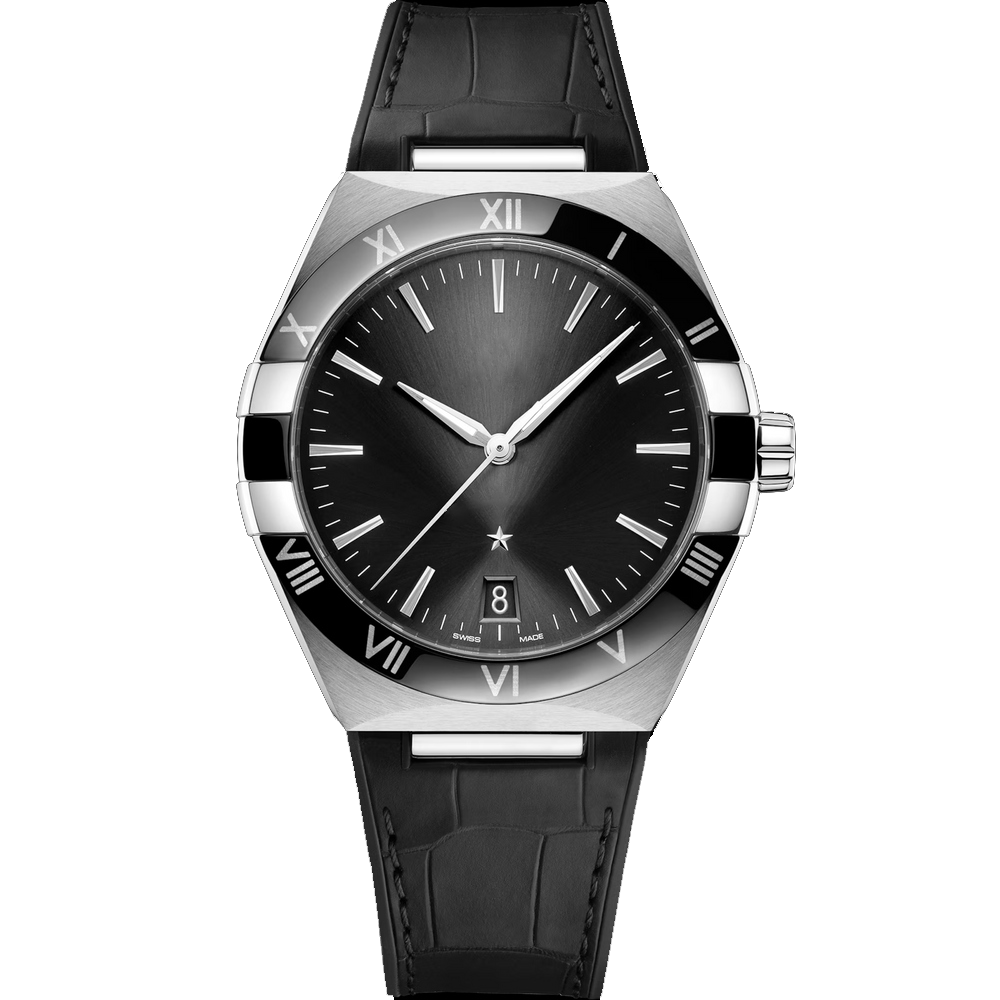 Black Dial Stainless Steel Watch with Leather Strap