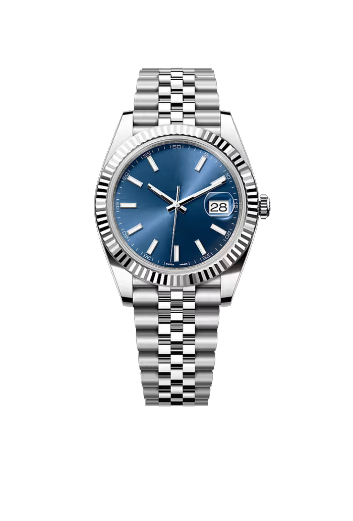 Blue Dial Silver Stainless Steel Classic Watch with Fluted Bezel