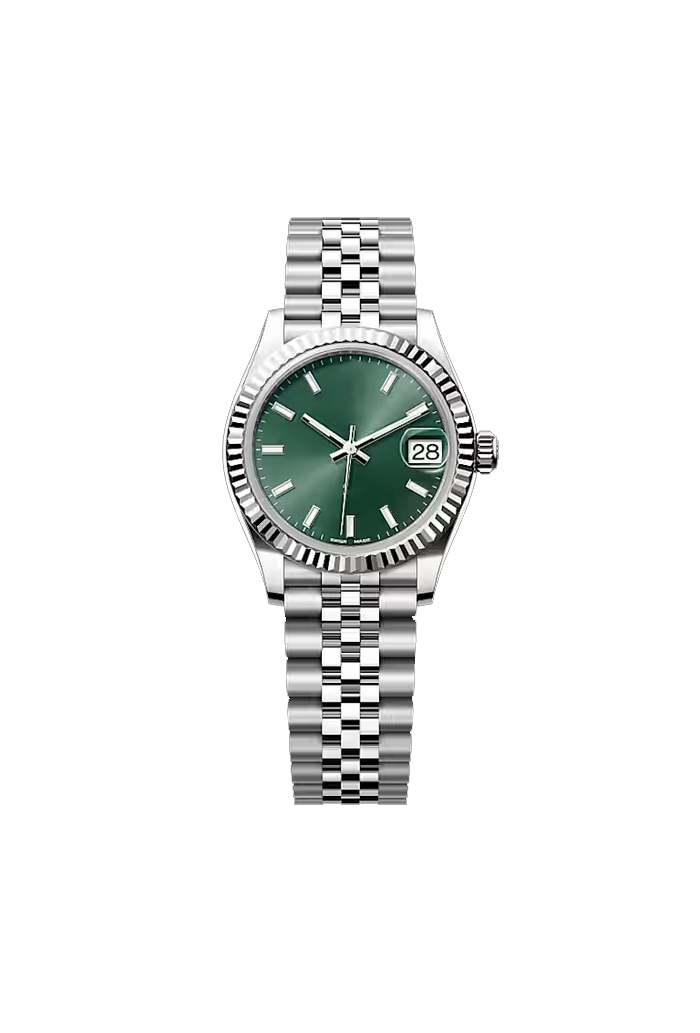 Green Dial Silver Stainless Steel Classic Watch with Fluted Bezel