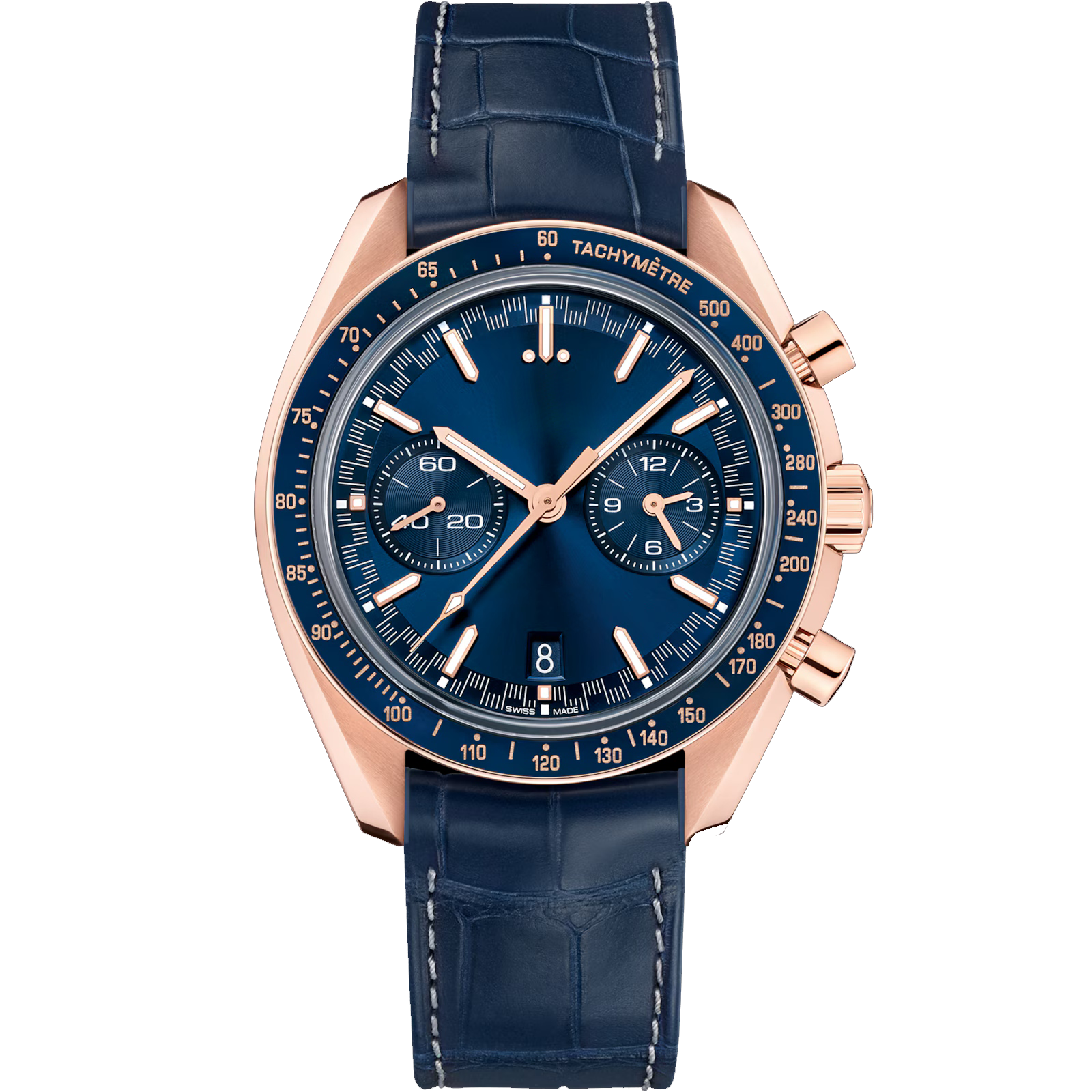 Blue Dial Rose Gold Chronograph Watch with Leather Strap