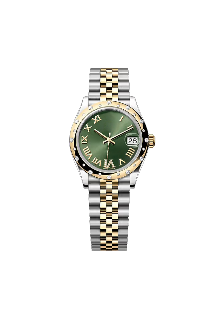 Two-Tone Gold & Silver Green Roman Numeral Luxury Watch with Crystal Bezel