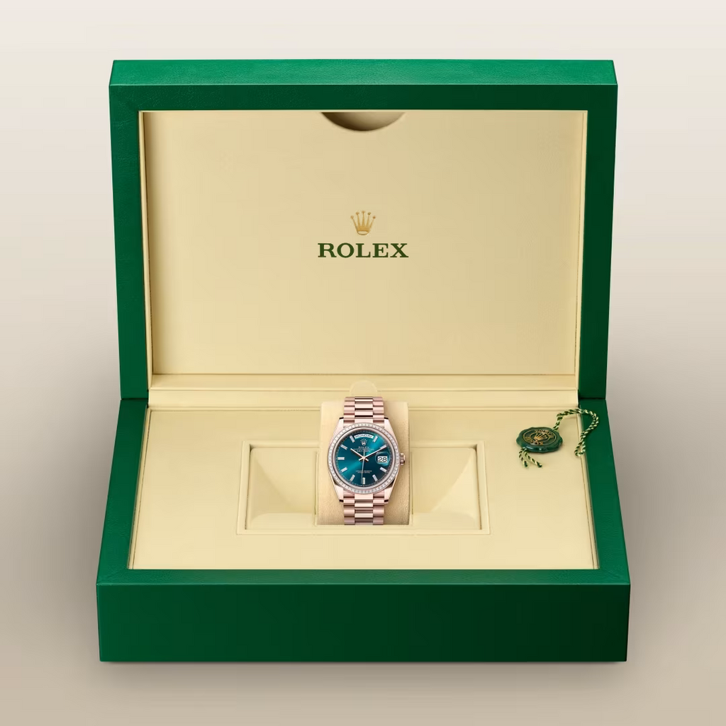 Day-Date 36 Rose Gold Watch with Blue Sunburst Dial & Crystal Bezel
