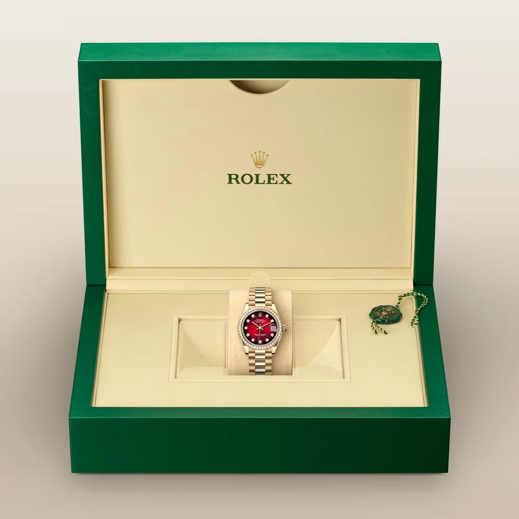 Datejust 31 Red Dial Diamond Bezel Gold Watch.