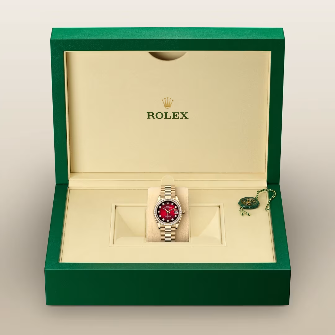 Datejust 31 Red Dial Diamond Bezel Gold Watch.